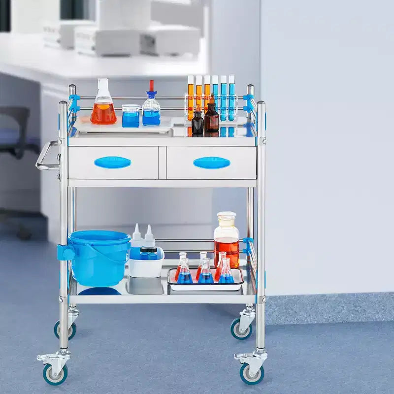 Carrello di Servizio a 2 Ripiani in Acciaio Inox Argento con 2 Cassetti e Ruote Bloccabili, Utilizzo per 1 Persona
