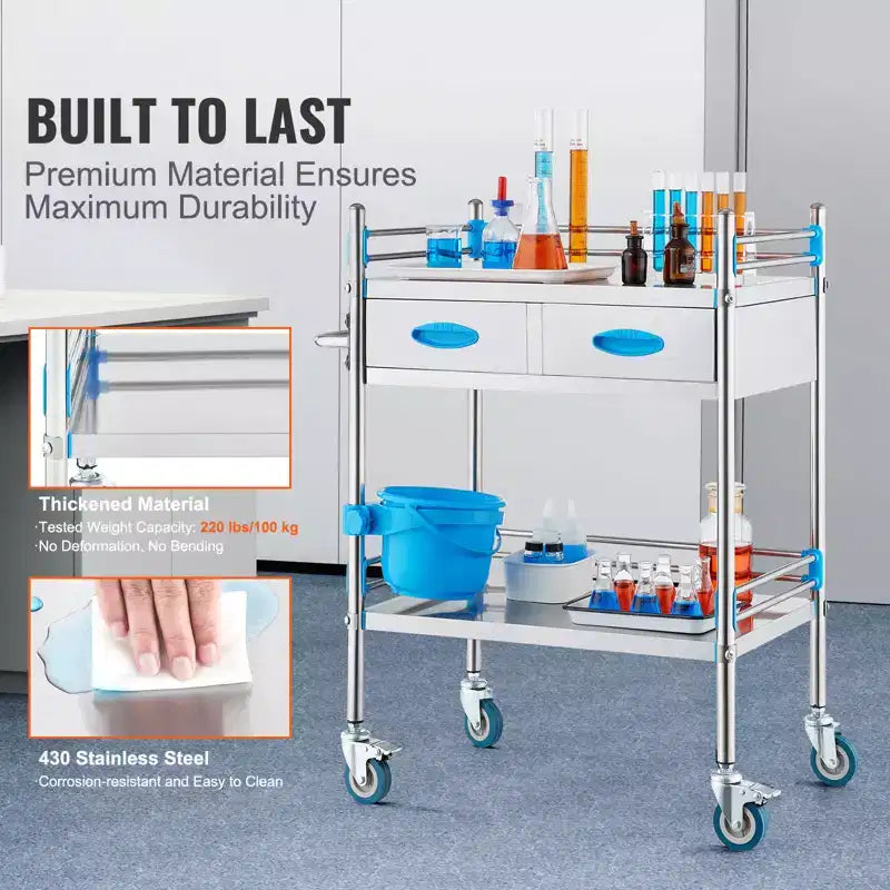 Carrello di Servizio a 2 Ripiani in Acciaio Inox Argento con 2 Cassetti e Ruote Bloccabili, Utilizzo per 1 Persona