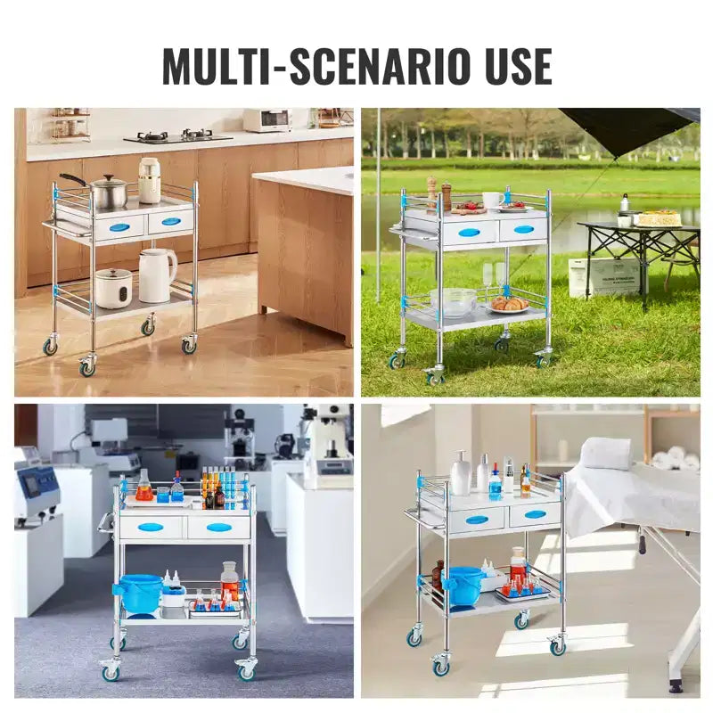 Carrello di Servizio a 2 Ripiani in Acciaio Inox Argento con 2 Cassetti e Ruote Bloccabili, Utilizzo per 1 Persona