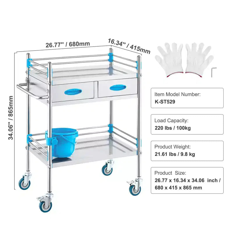 Carrello di Servizio a 2 Ripiani in Acciaio Inox Argento con 2 Cassetti e Ruote Bloccabili, Utilizzo per 1 Persona