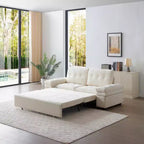 Divano letto convertibile in lino beige, senza braccioli, 2 posti
