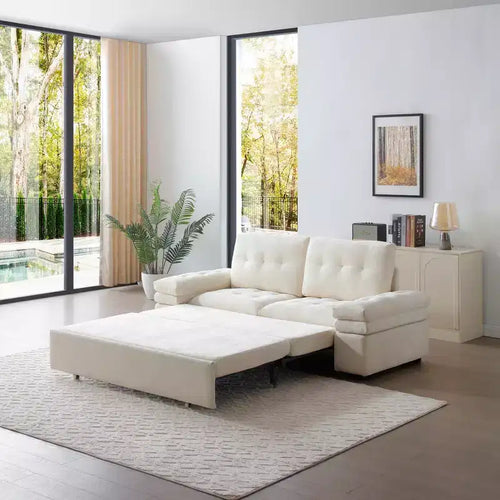 Divano letto convertibile in lino beige, senza braccioli, 2 posti
