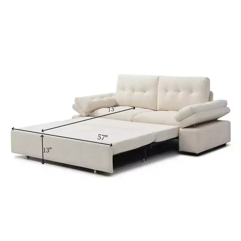 Divano letto convertibile in lino beige, senza braccioli, 2 posti