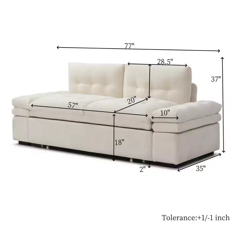 Divano letto convertibile in lino beige, senza braccioli, 2 posti