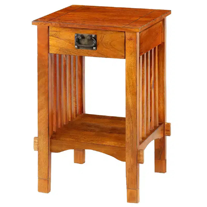 Tavolino/Comodino quadrato marrone in legno di mango con cassetto e ripiano, per 1 persona