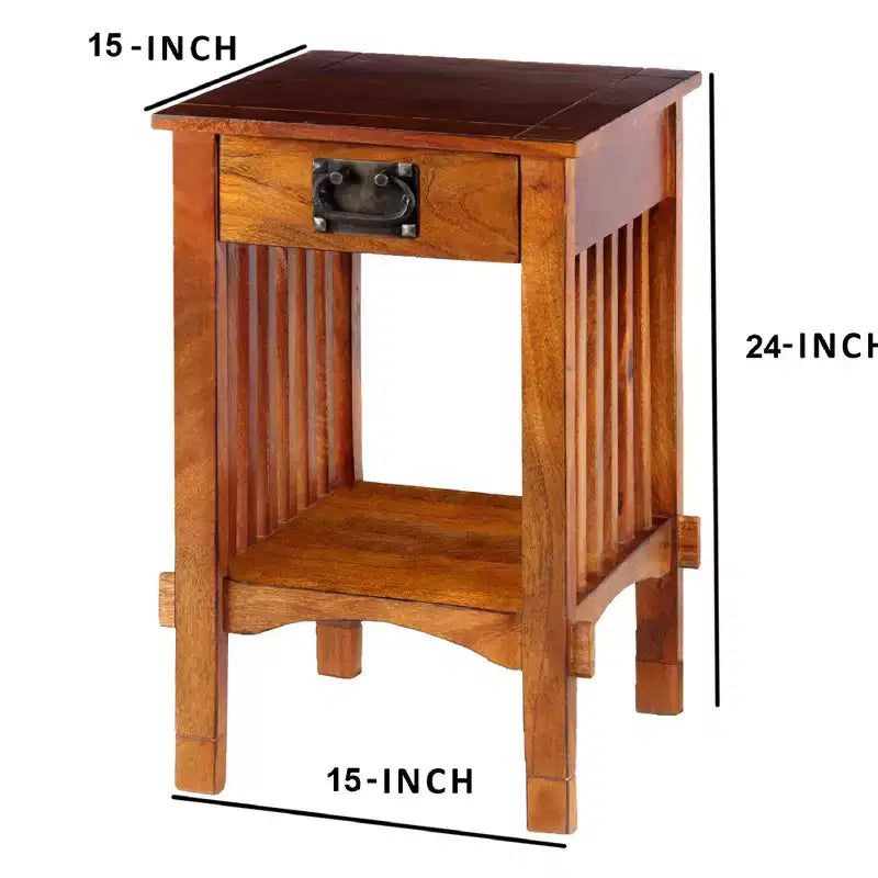 Tavolino/Comodino quadrato marrone in legno di mango con cassetto e ripiano, per 1 persona