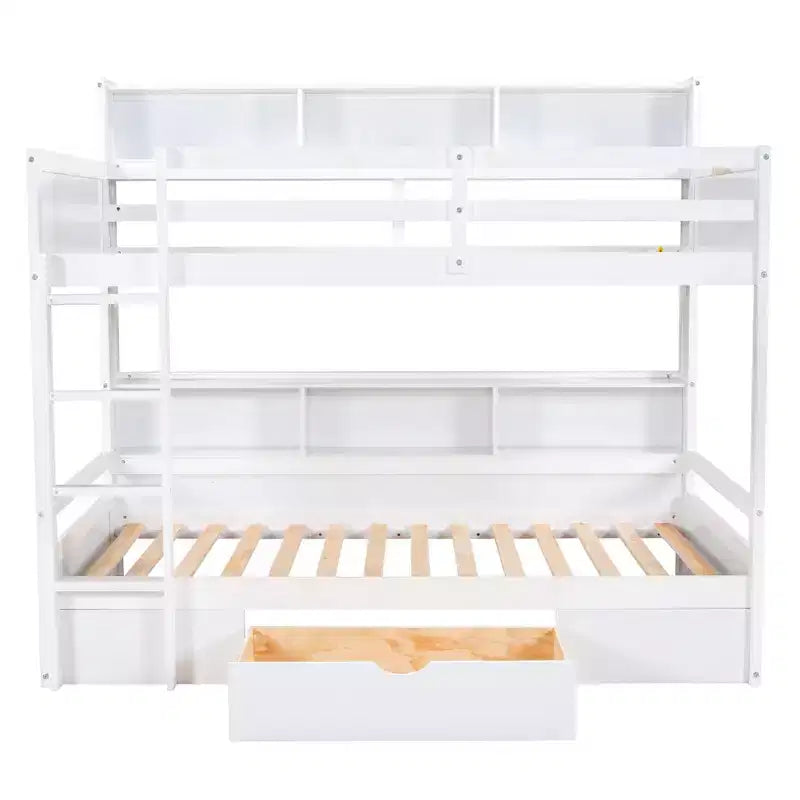 Letto a castello a soppalco grigio/bianco singolo su singolo con mensole e cassetto, in pino massiccio, per 2 bambini