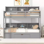 Letto a castello a soppalco grigio/bianco singolo su singolo con mensole e cassetto, in pino massiccio, per 2 bambini