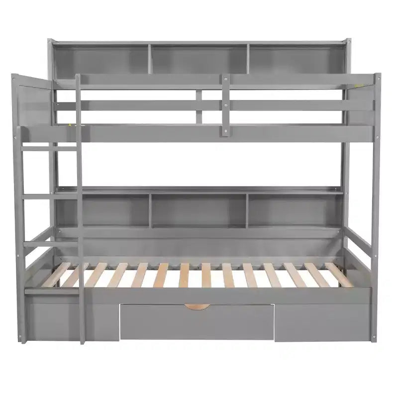 Letto a castello a soppalco grigio/bianco singolo su singolo con mensole e cassetto, in pino massiccio, per 2 bambini