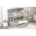 Letto a castello a soppalco grigio/bianco singolo su singolo con mensole e cassetto, in pino massiccio, per 2 bambini