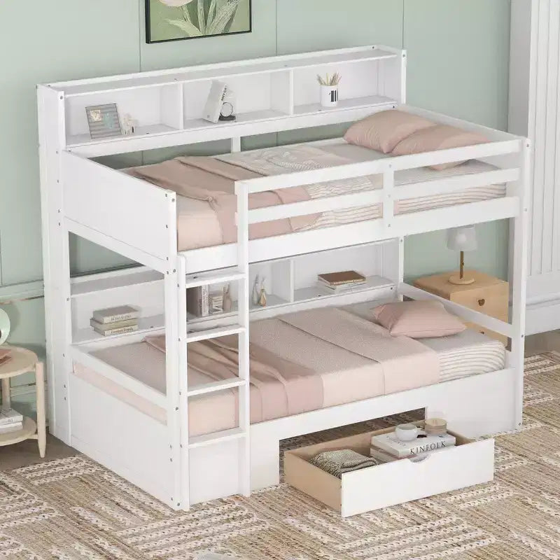 Letto a castello a soppalco grigio/bianco singolo su singolo con mensole e cassetto, in pino massiccio, per 2 bambini