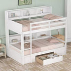 Letto a castello a soppalco grigio/bianco singolo su singolo con mensole e cassetto, in pino massiccio, per 2 bambini