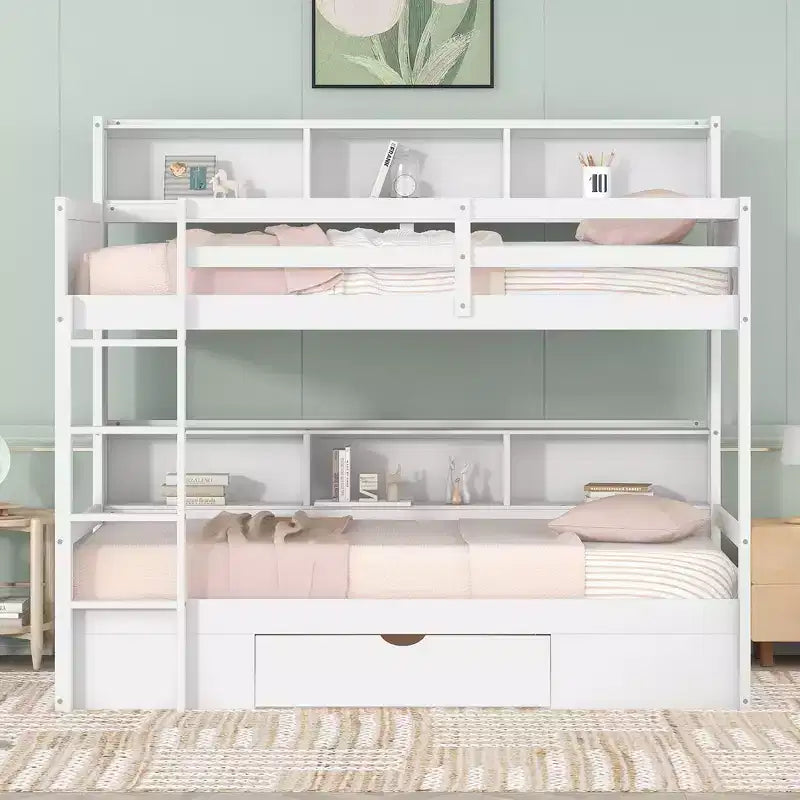 Letto a castello a soppalco grigio/bianco singolo su singolo con mensole e cassetto, in pino massiccio, per 2 bambini