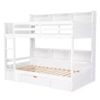 Letto a castello a soppalco grigio/bianco singolo su singolo con mensole e cassetto, in pino massiccio, per 2 bambini