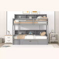 Letto a castello a soppalco grigio/bianco singolo su singolo con mensole e cassetto, in pino massiccio, per 2 bambini