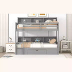 Letto a castello a soppalco grigio/bianco singolo su singolo con mensole e cassetto, in pino massiccio, per 2 bambini