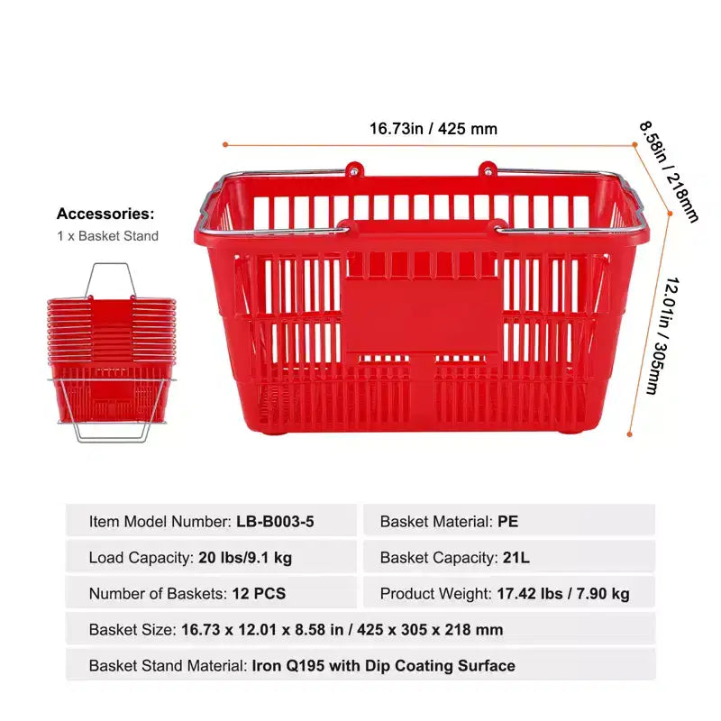 Cestino per la Spesa in Plastica Rossa con Supporto, Set da 12