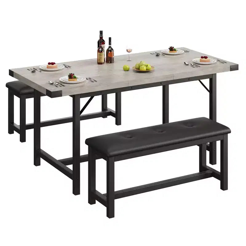 Set tavolo da pranzo allungabile grigio/nero con 2 panche, 4–6 posti