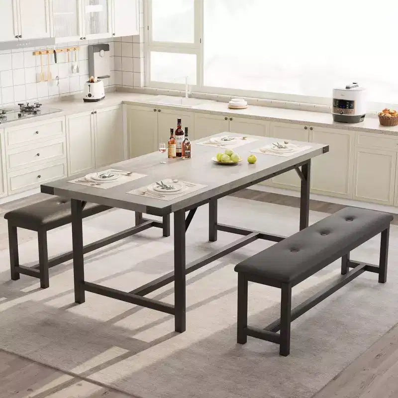 Set tavolo da pranzo allungabile grigio/nero con 2 panche, 4–6 posti