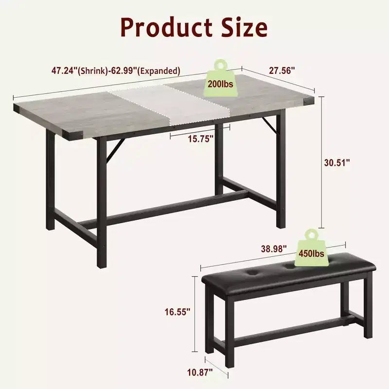 Set tavolo da pranzo allungabile grigio/nero con 2 panche, 4–6 posti
