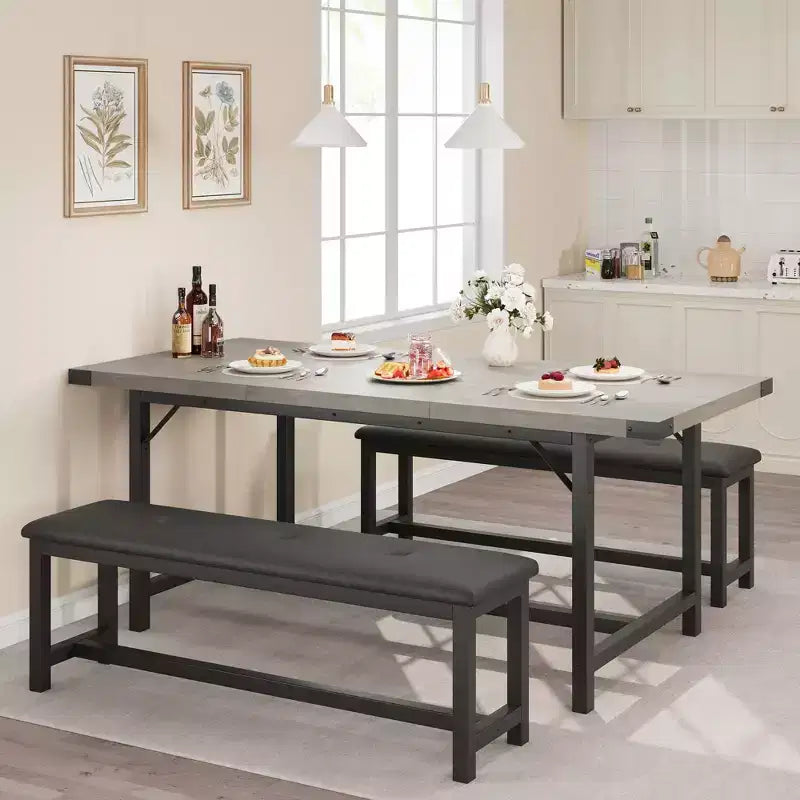 Set tavolo da pranzo allungabile grigio/nero con 2 panche, 4–6 posti