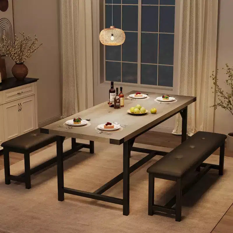 Set tavolo da pranzo allungabile grigio/nero con 2 panche, 4–6 posti