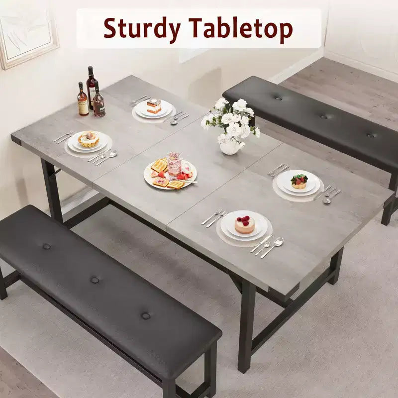 Set tavolo da pranzo allungabile grigio/nero con 2 panche, 4–6 posti