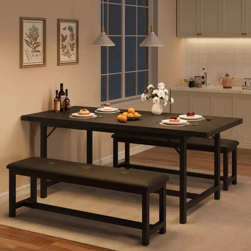 Set tavolo da pranzo allungabile grigio/nero con 2 panche, 4–6 posti