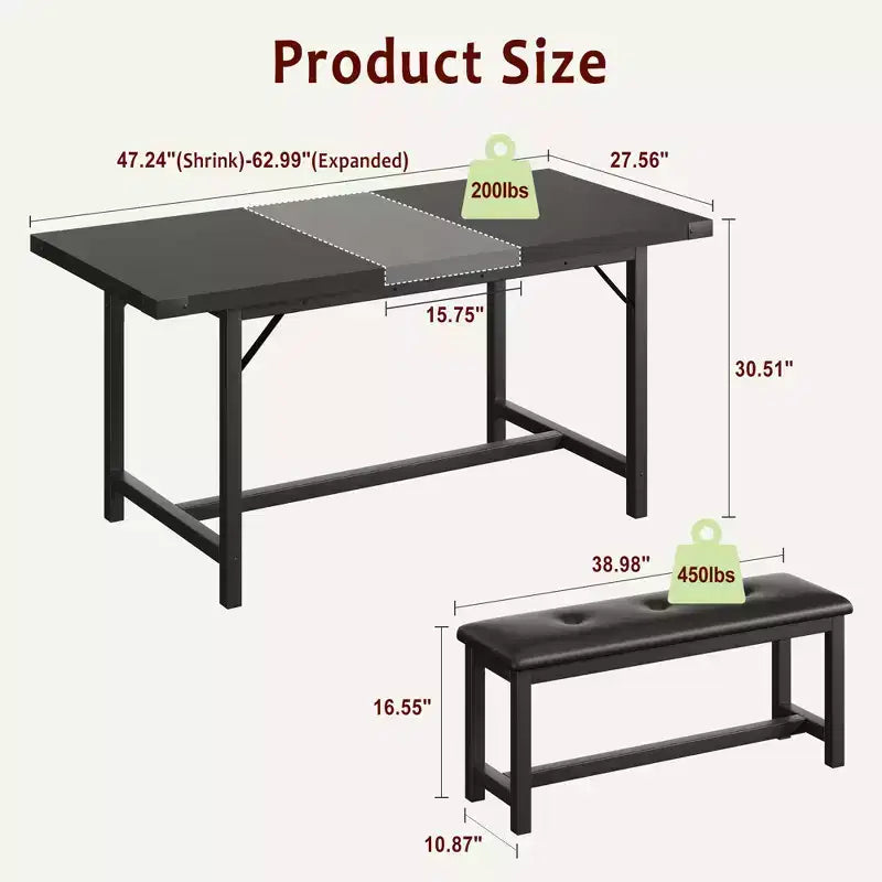 Set tavolo da pranzo allungabile grigio/nero con 2 panche, 4–6 posti