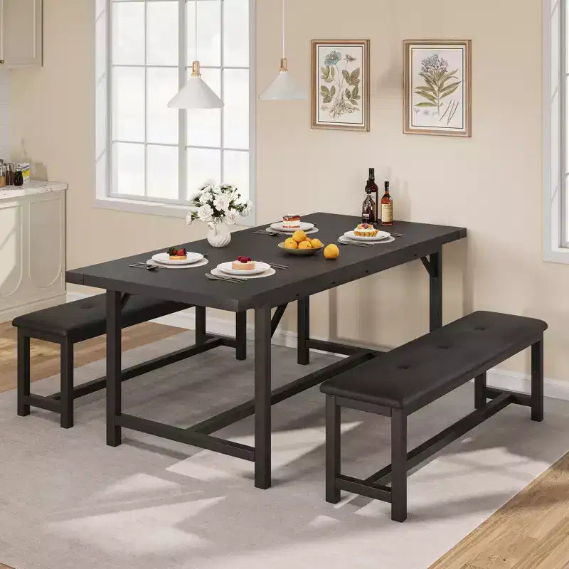 Set tavolo da pranzo allungabile grigio/nero con 2 panche, 4–6 posti