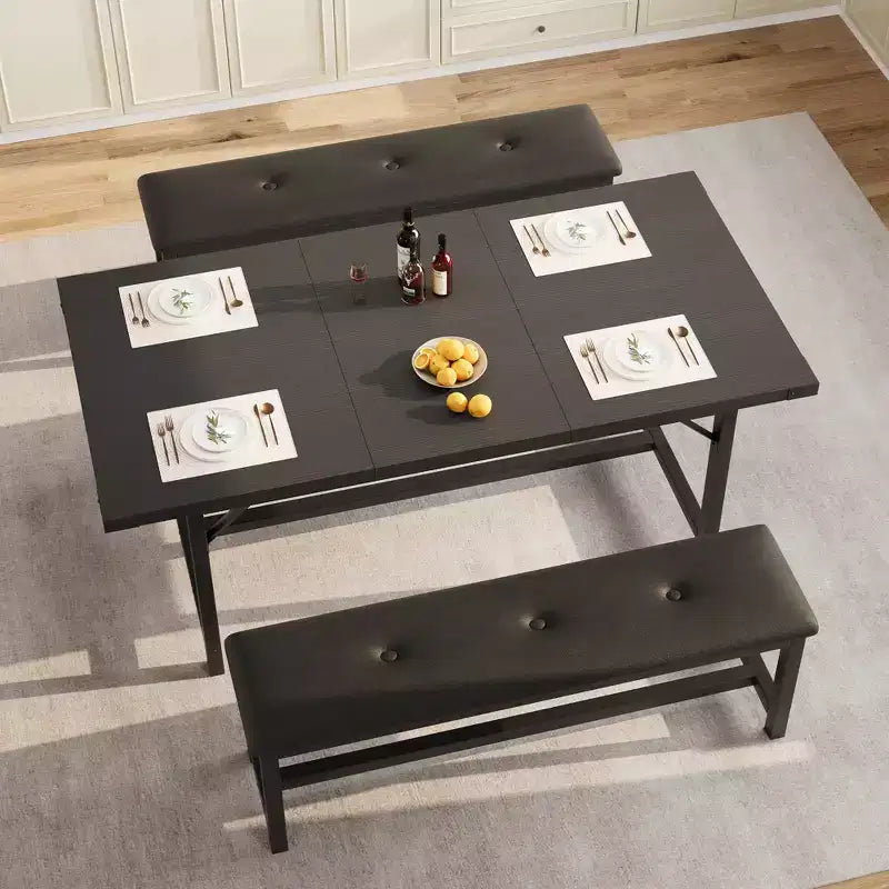 Set tavolo da pranzo allungabile grigio/nero con 2 panche, 4–6 posti