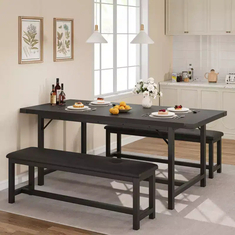 Set tavolo da pranzo allungabile grigio/nero con 2 panche, 4–6 posti