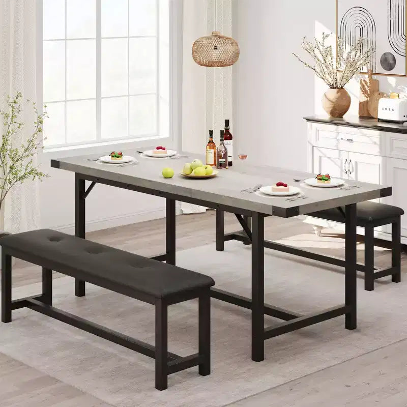 Set tavolo da pranzo allungabile grigio/nero con 2 panche, 4–6 posti
