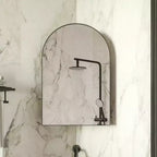 Metal Corner Medicine Cabinet with Arched Mirror, Adjustable Glass Shelves, Space-Saving Bathroom Storage Organizer