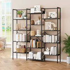 Libreria industriale a 5 ripiani tripla, Nero/Marrone, Scaffalatura a giorno, Montaggio da 1 persona