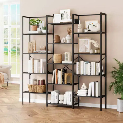 Libreria industriale a 5 ripiani tripla, Nero/Marrone, Scaffalatura a giorno, Montaggio da 1 persona