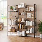 Libreria industriale a 5 ripiani tripla, Nero/Marrone, Scaffalatura a giorno, Montaggio da 1 persona