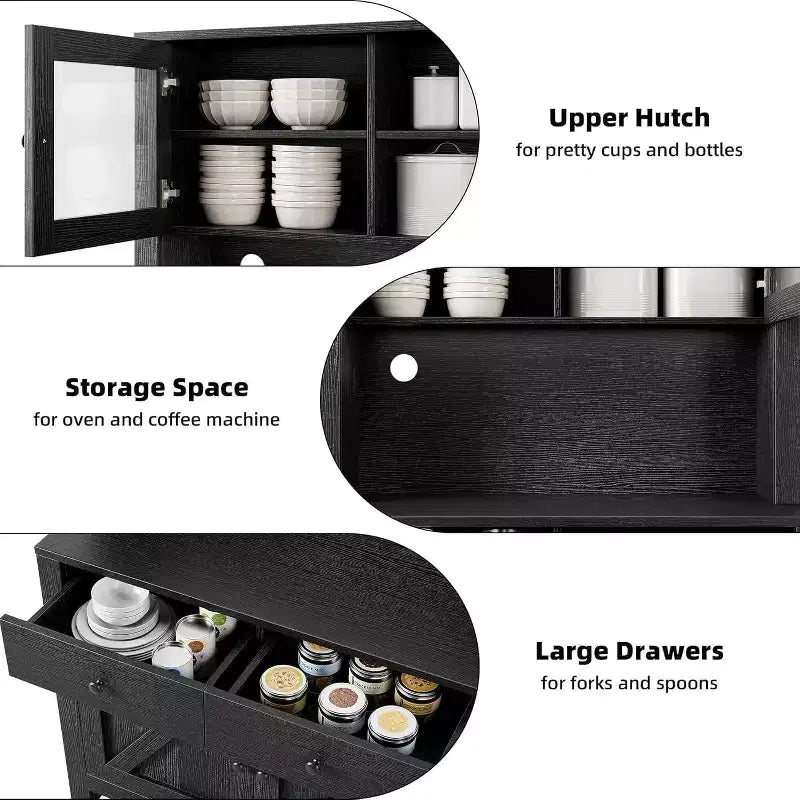 Dispensa da cucina alta 160 cm con supporto per microonde – Nero / Bianco / Grigio / Stile retrò, stile rustico, 4 ante e 2 cassetti