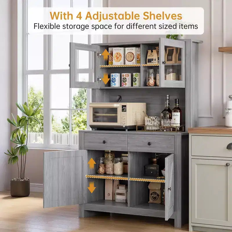 Dispensa da cucina alta 160 cm con supporto per microonde – Nero / Bianco / Grigio / Stile retrò, stile rustico, 4 ante e 2 cassetti