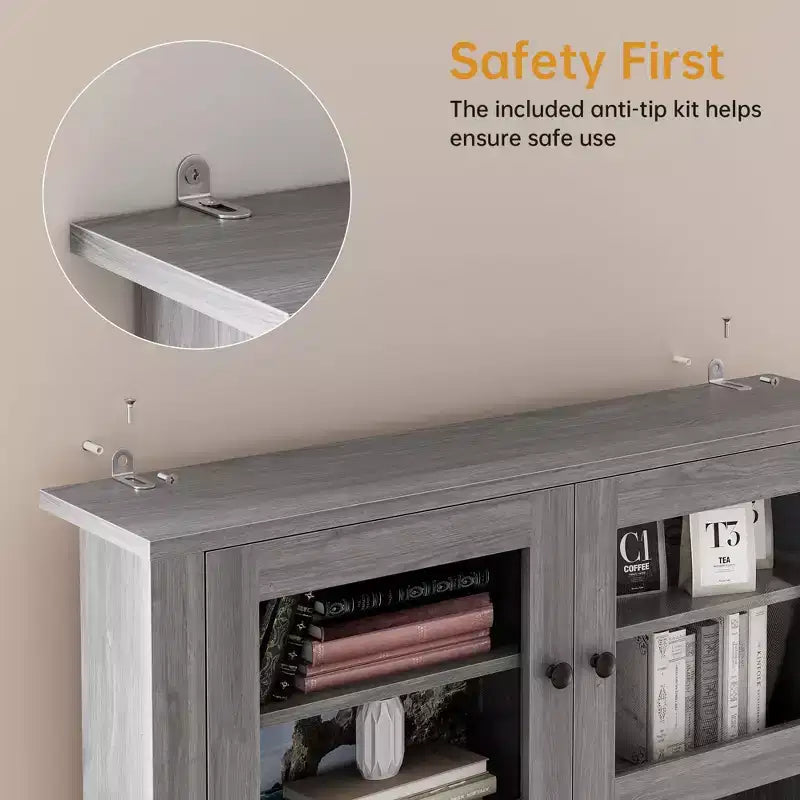 Dispensa da cucina alta 160 cm con supporto per microonde – Nero / Bianco / Grigio / Stile retrò, stile rustico, 4 ante e 2 cassetti