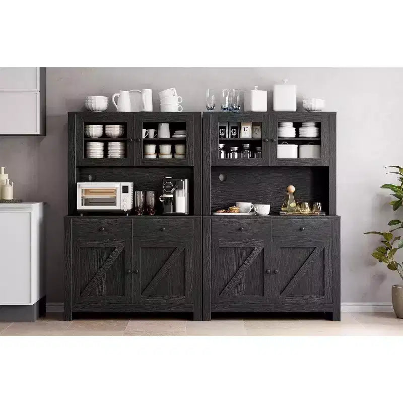Dispensa da cucina alta 160 cm con supporto per microonde – Nero / Bianco / Grigio / Stile retrò, stile rustico, 4 ante e 2 cassetti