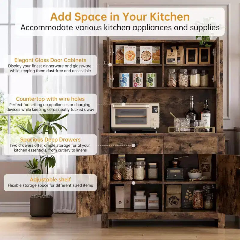 Dispensa da cucina alta 160 cm con supporto per microonde – Nero / Bianco / Grigio / Stile retrò, stile rustico, 4 ante e 2 cassetti