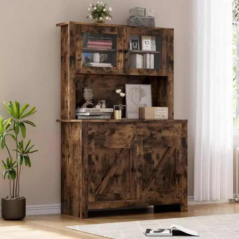 Dispensa da cucina alta 160 cm con supporto per microonde – Nero / Bianco / Grigio / Stile retrò, stile rustico, 4 ante e 2 cassetti