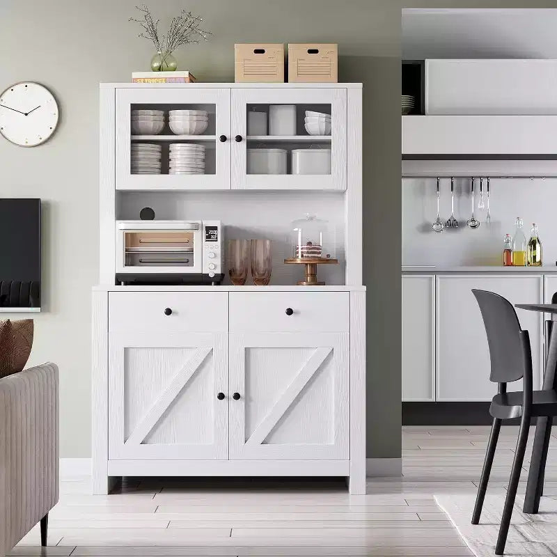 Dispensa da cucina alta 160 cm con supporto per microonde – Nero / Bianco / Grigio / Stile retrò, stile rustico, 4 ante e 2 cassetti