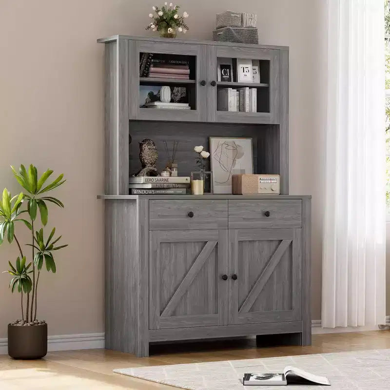 Dispensa da cucina alta 160 cm con supporto per microonde – Nero / Bianco / Grigio / Stile retrò, stile rustico, 4 ante e 2 cassetti