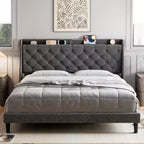 Modern King Upholstered Bed - USB Charging Headboard with Storage, Button Tufted & Noise-Free, No Box Spring (Dark Gray)