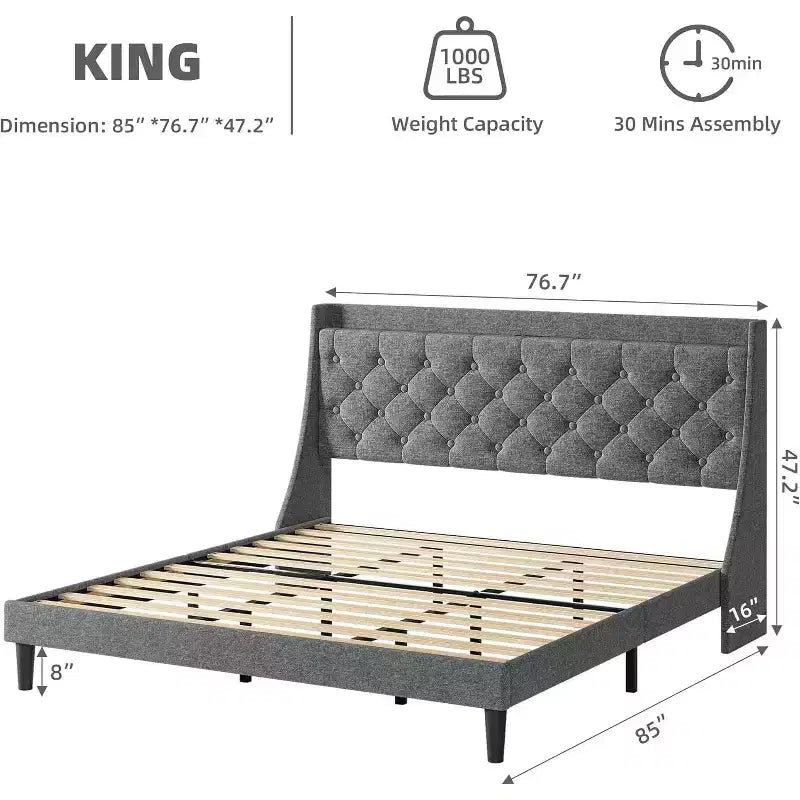 Letto King imbottito grigio scuro, in lino con testiera ad ali, trapuntatura capitonné, montaggio a 2 persone