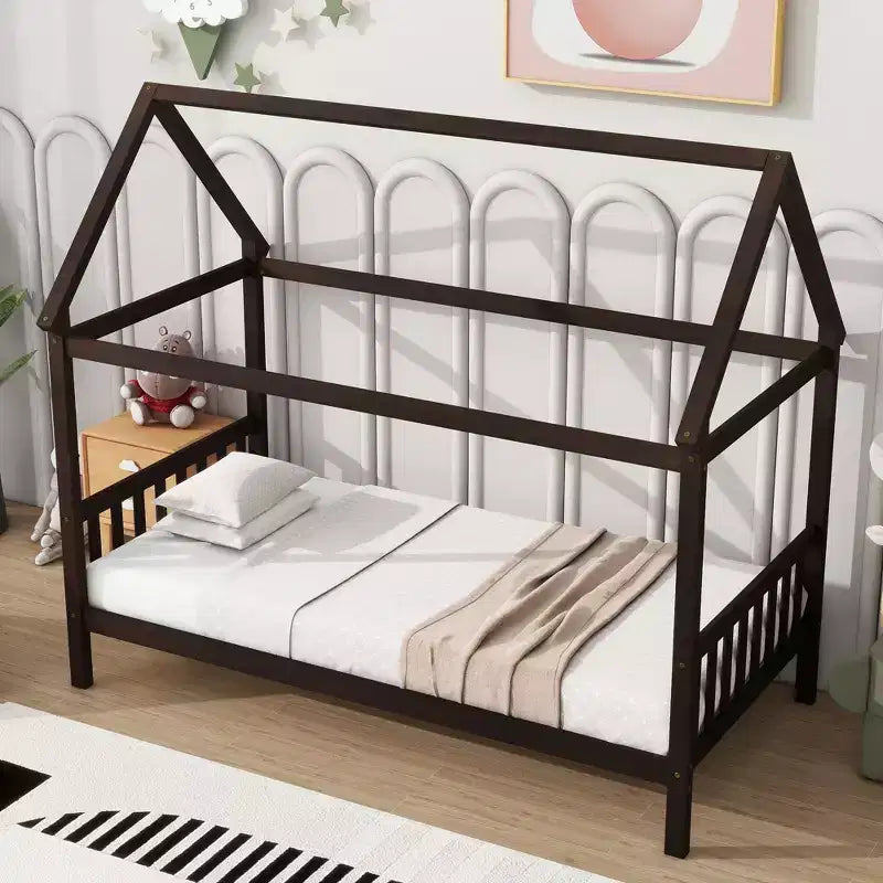 Letto a piattaforma a casetta doppia marrone, in legno di caucciù, per 1 persona