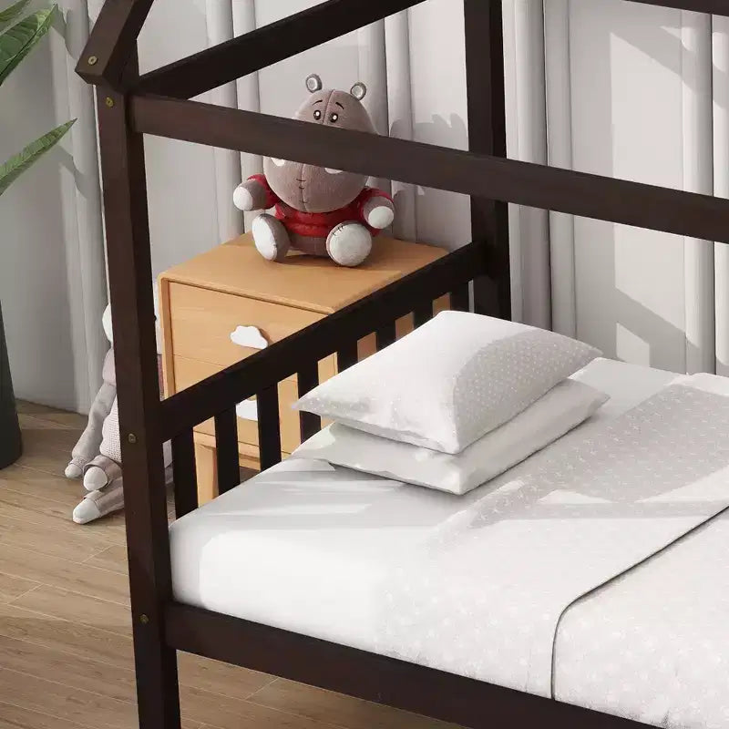 Letto a piattaforma a casetta doppia marrone, in legno di caucciù, per 1 persona