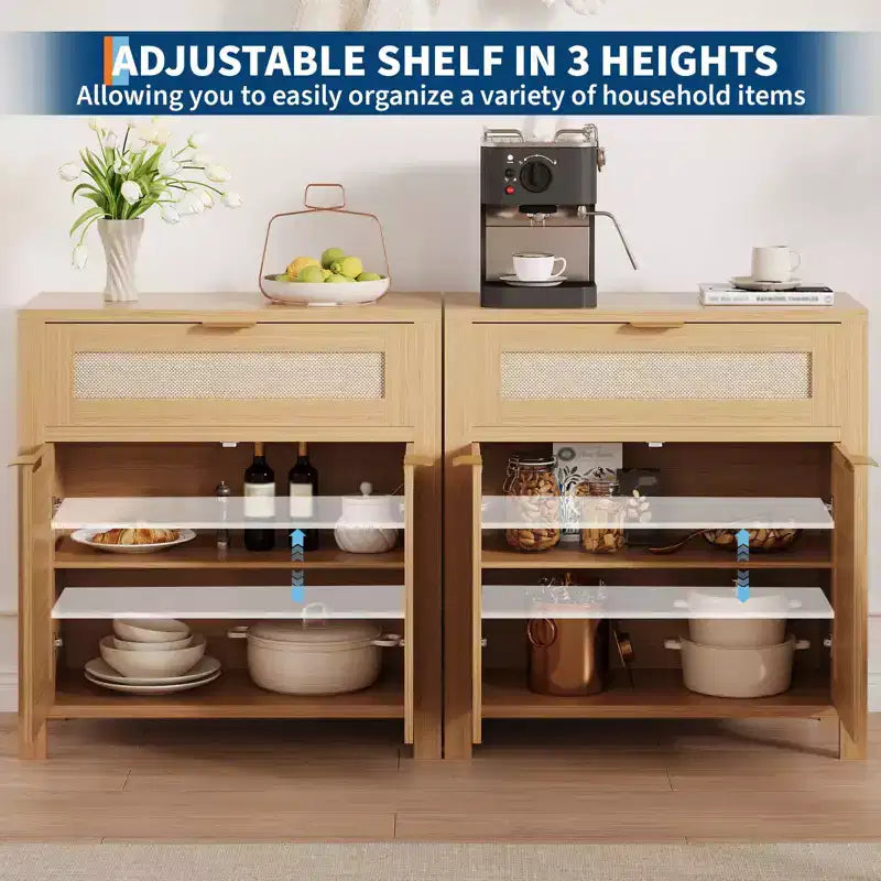 Mobile Credenza in Rattan Rovere Scuro/Rovere Chiaro con Cassetto e Ripiano Regolabile – 2 Ante, Montaggio 1 Persona